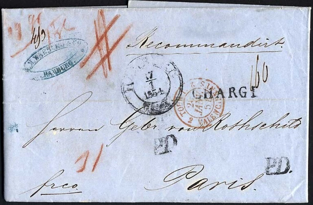 HAMBURG-GRENZÜBERGANGSSTEMPEL 1854, CHARGÉ, schwarzer L1 und 2x P.D. auf Recomma