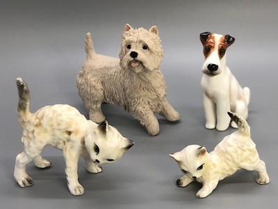 Vintage Dog and Cat Figurines: Fox Terrier, West Highland Terrier, Kittens