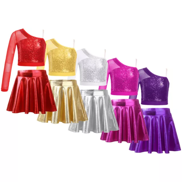 Kids Girls Crop Top With Flared Skirt Glittery Stage Performance Costume A Line 2