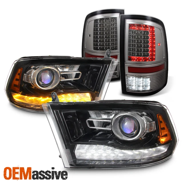 Fit 09-18 Ram Black LED DRL Projector Headlight + LED Upgraded Smoke Tail Lights