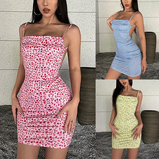 Women's New Small Floral Print Sexy Girl Backless Suspender Sexy Dress Casual ZF