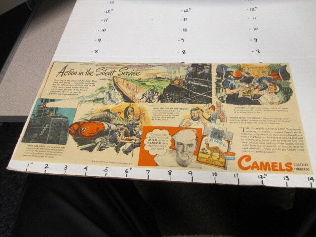 newspaper ad 1940s CAMEL CIGARETTES WWII Navy sailor torpedo boat submarine