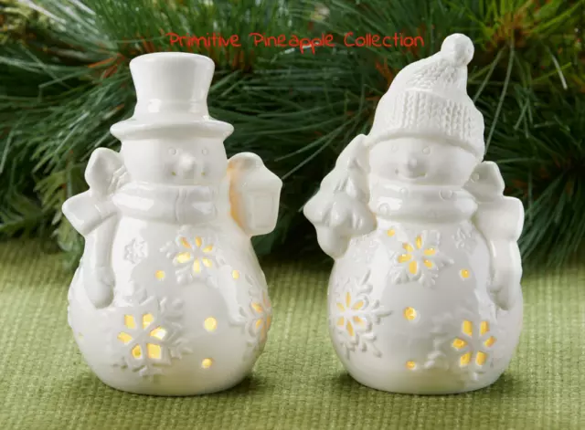 Christmas / Holiday Light up 5" LED White Porcelain Snowman 2 pc Figurines