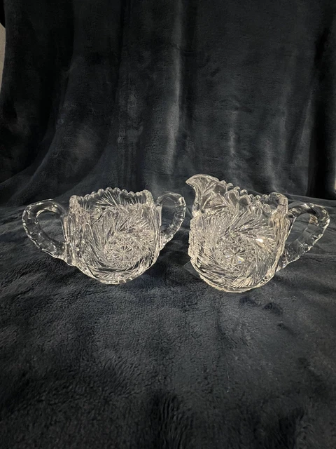 American Brilliant Cut Glass Heavy Sawtooth Creamer and Sugar Bowl Pinwheel EUC