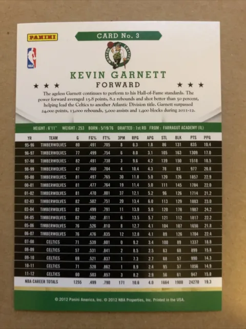 Carte de basketball 2012-13 NBA Hoops #3 Kevin Garnett Boston Celtics 2