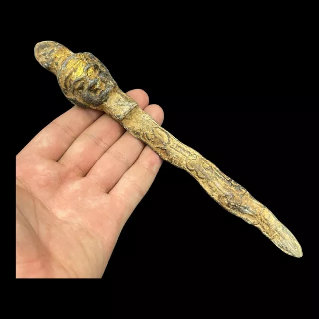 Very Unique Ancient Near Eastern Bronze Dagger With King Head  Rare Patina