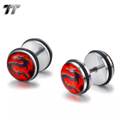 TT 10mm Clear Epoxy Stainless Steel Red Dragon Fake Ear Plug Earrings (BC10) NEW