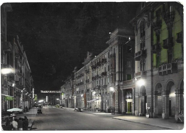 CARTOLINA DI CUNEO ,CORSO NIZZA DI NOTTE viaggiata 1955 NO BOLLO - ACQUARELLATA