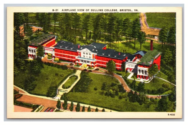 Bristol VA Virginia Airplane View of Sullins College Linen Postcard