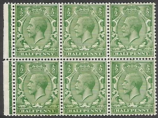 Great Britain KGV 1912 1/2d Booklet pane Mint