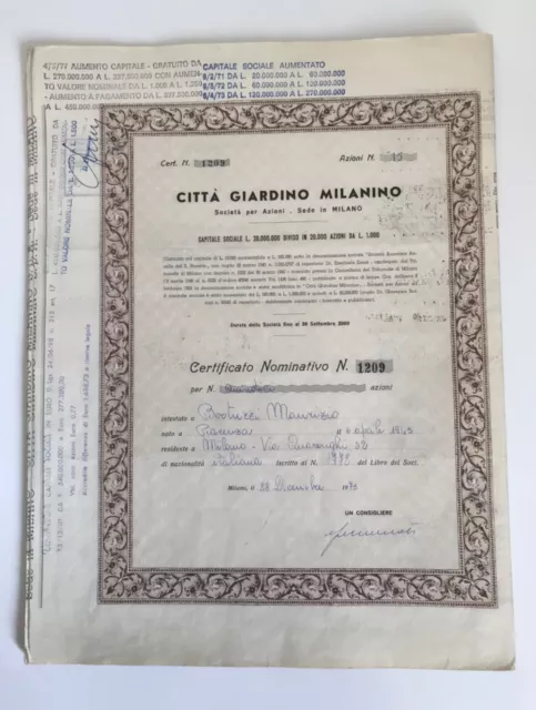 certificato azionario CITTA' GIARDINO MILANINO SPA - MILANO