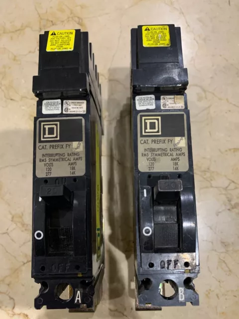 Lot Square D FY14020B And FY14020A I Line Circuit Breaker 20 Amp 1 Pole 277 VAC