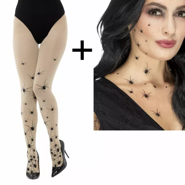 Halloween Vedova Nera Ragno Collant + Sfx Tattoo Trasferibili Accessorio Set Kit