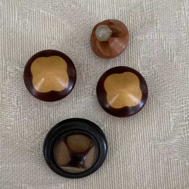 Vtg Small Old Carved Plastic Faux Tagua Nut Button Brown Yellow Black 3/8”- 5/8”