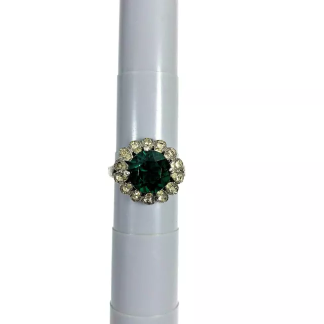 Vintage Signed Park Lane Ring Silver Tone Faux Emerald Rhinestone Estate Jewelry