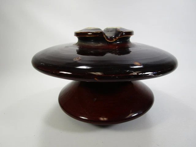 Vintage brown ceramic telephone power line insulator saucer large big