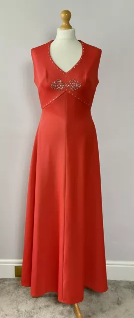 VTG CARNEGIE of LONDON coral orange 60s/70s maxi evening dress 14 (fits 10-12)