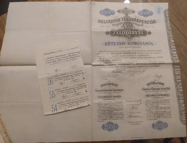 Hungary 1897 Budapest Zaloglevel Pfandbrief 2000 Koronarol Crown Coupons Bond