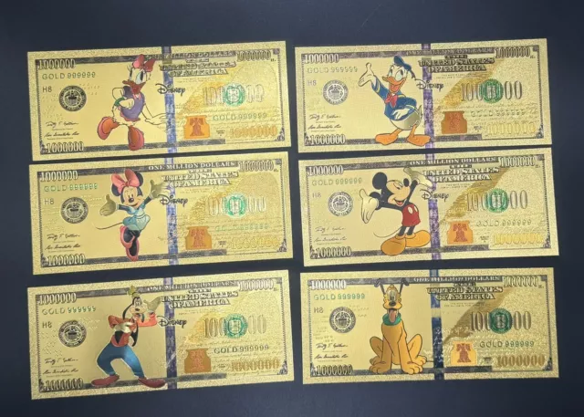 24k Gold Foil Plated Mickey & Family Banknote Complete Set Of 6 DiSNEY