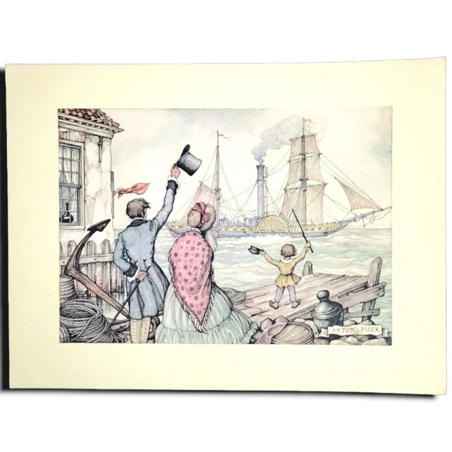 Anton Pieck Bon Voyage Art Print Paddle Wheel Steam Ship Family Docks Nautical