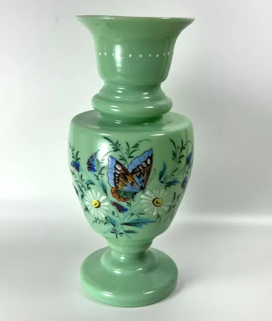 Vtg Victorian Hand Painted Butterfly Flowers Enameled Opaline Green Glass Vase