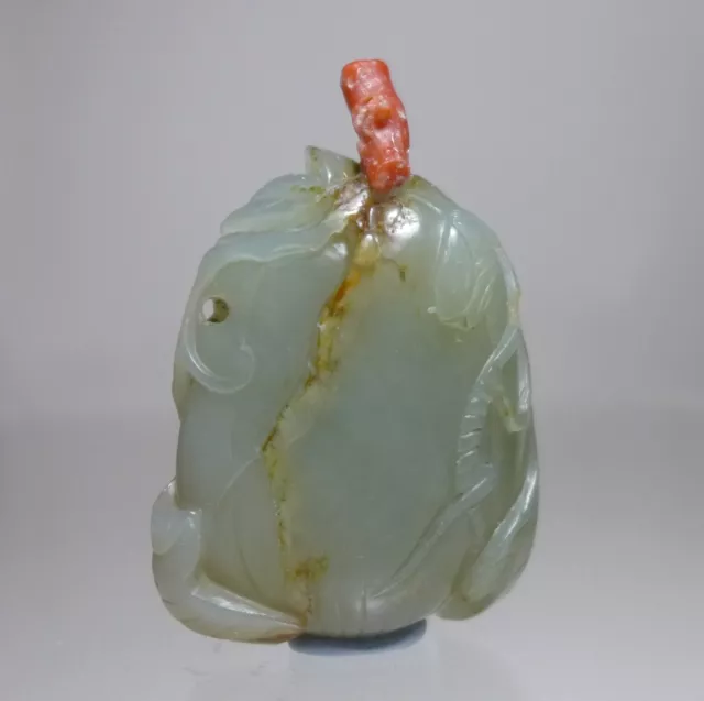 19th Century Carved Celadon Jade SNUFF BOTTLE, Gourd w/Insects & Leaves