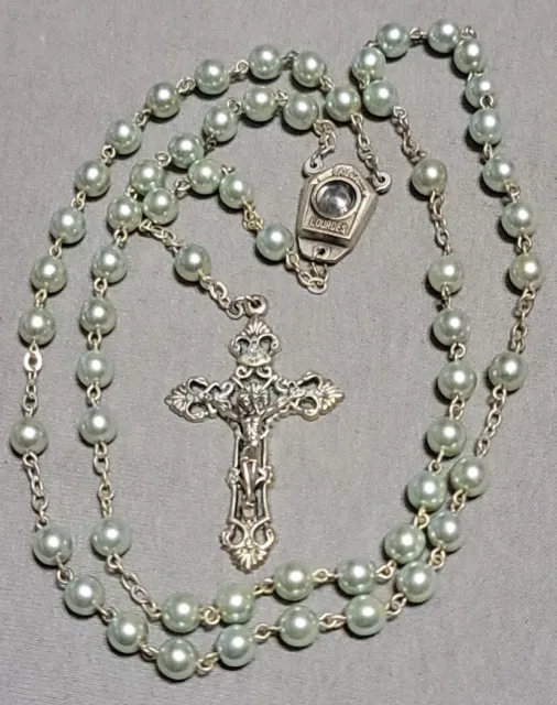 Lourdes Water Rosary Cross Crucifix  Green Pearl Necklace Vintage Estate Find