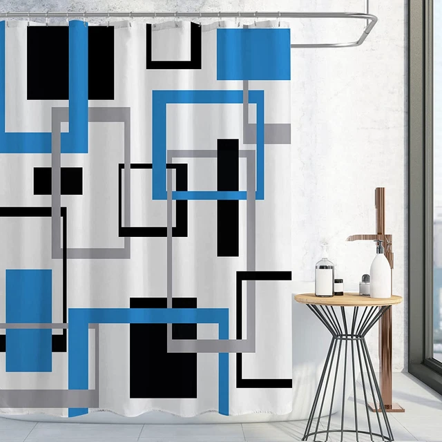 Blue Shower Curtain, Abstract Mid Century Modern Geometric Shower Curtain Set, M