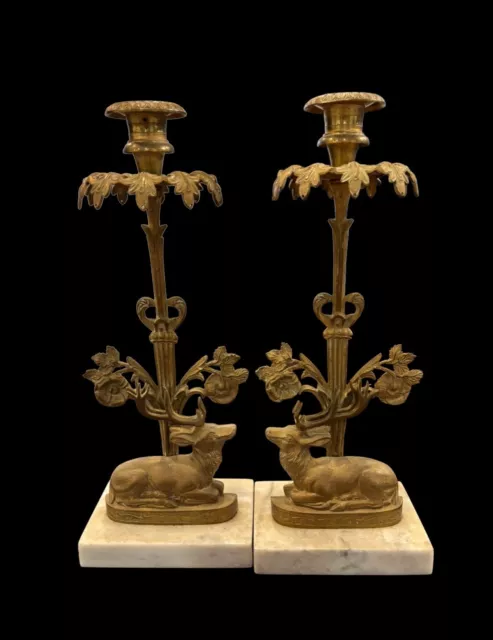 Antique Pair Of Brass Deer Candlesticks On Marble Base 12.5”