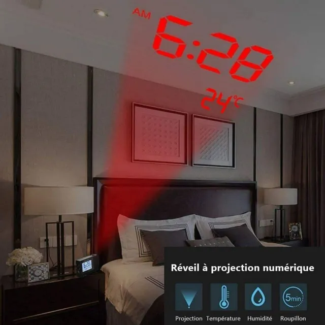 Réveil de Table à Projection Numérique LED, Horloge Électronique avec Radio FM