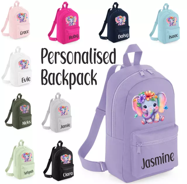 Personalised Kids Backpack Name Elephant Boys Girls Back To School Bag Rucksack