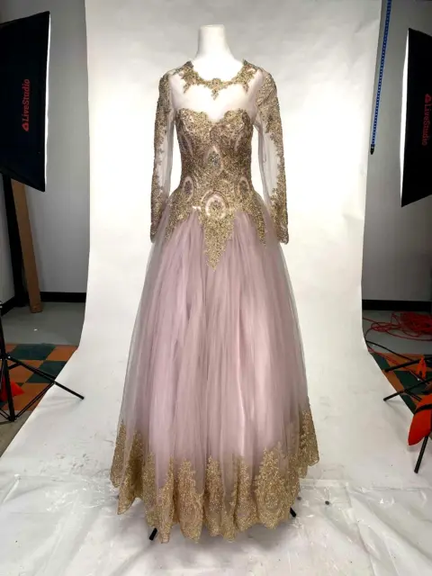 NEW Dusty Rose Mesh Long Sleeve Gold Floor Length XV Dress Size S