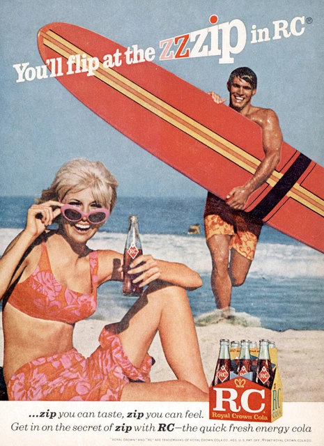 1967 RC, Royal Crown Cola: Flip at the Zzzip, Surfer Vintage Print Ad