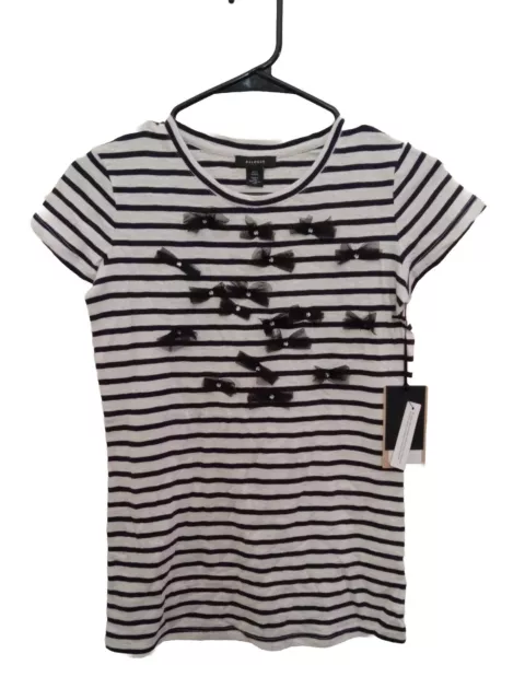 Halogen Womens XXS Petite Ivory Black Striped Tee Shirt With Bow Details