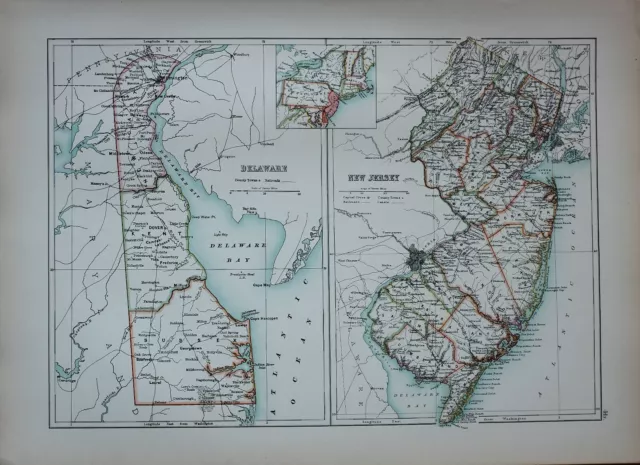 1897 Antique Map United States Delaware Wilmington Sussex New Jersey New York
