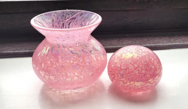 Iridescent Pink Art Glass Vase & Matching Paperweight