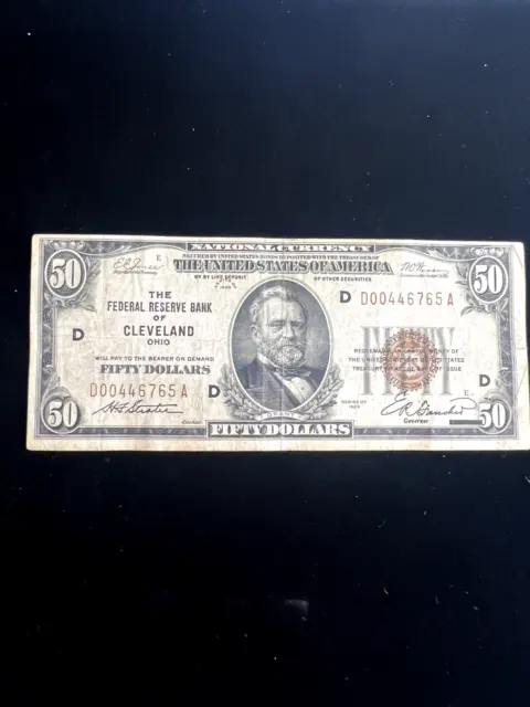 1929 $50 FRBN BROWN SEAL, CLEVELAND, OH;  Federal Reserve Note No Reserve