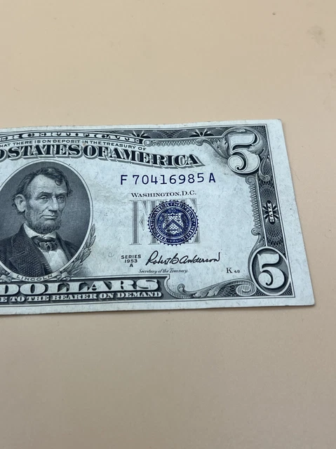 1953 $5 Silver Certificate Blue Seal Error Note Off Center/Misaligned Bold Seal