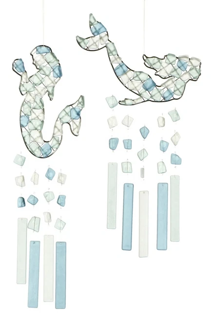 Blue and White Sea Glass Mermaids Wind Chimes Set of 2