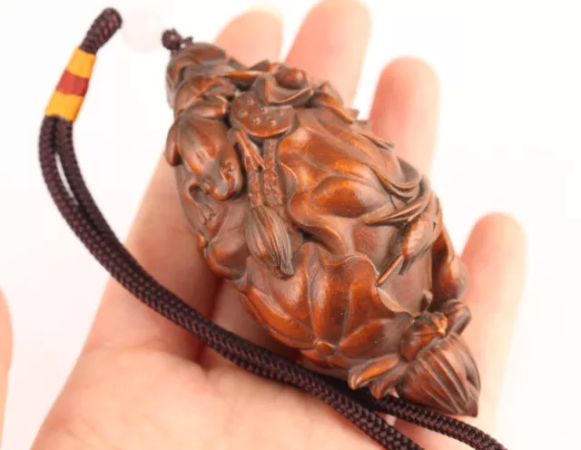 lotus old boxwood handmade flower frog statue collectable hand piece netsuke