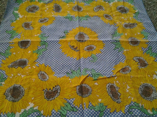 SUNFLOWERS BLUE CHECKED COTTON USA made BANDANA HANKY WESTERN COWBOY HIPPIE