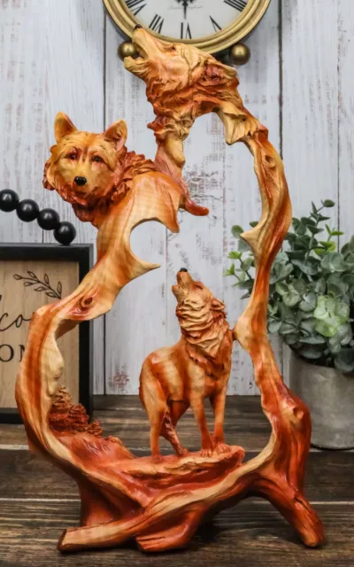 Large Nature Rustic Faux Wood Wildlife Scene Howling Wolf 12.5" Height Statue