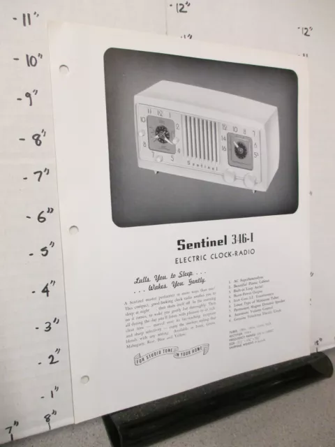 SENTINEL TV radio 1954 sales sheet 346-I ivory plastic clock radio