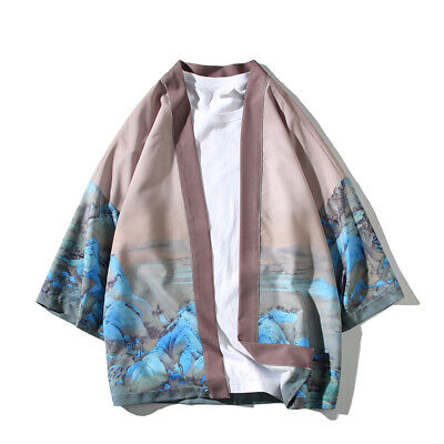 Uomo Giapponese Kimono Cardigan Stampato Aperto Davanti Giacca 3/4 a Manicotto