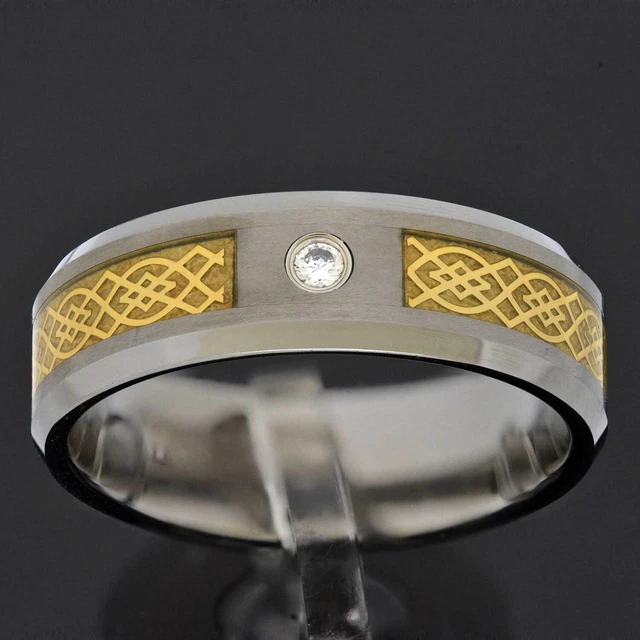8mm Gray Tungsten Gold IP Celtic Dragon Bevel Edge CZ Solitaire Men Wedding Band