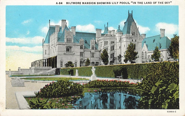 BILTMORE MANSION SHOWING LILY POOLS POSTCARD ASHEVILLE NC NORTH CAROLINA 1920s