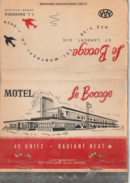 Billboard Matchbook Cover - Le Bocage Motel - St. Lambert Quebec Canada