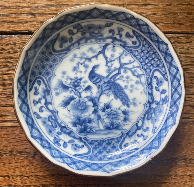 Vintage 4” Blue and White Peacock Andrea by Sadek Dish Plate Bowl Japan Japanese