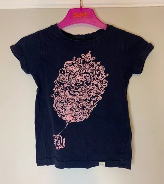 Girls Navy Blue Pink Animal Print T Shirt Top Short Sleeve Size 7 Years