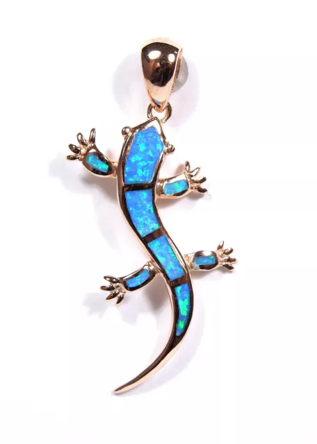 Rose Gold Plated over 925 Sterling Silver & Blue Fire Opal Inlay Gecko Pendant